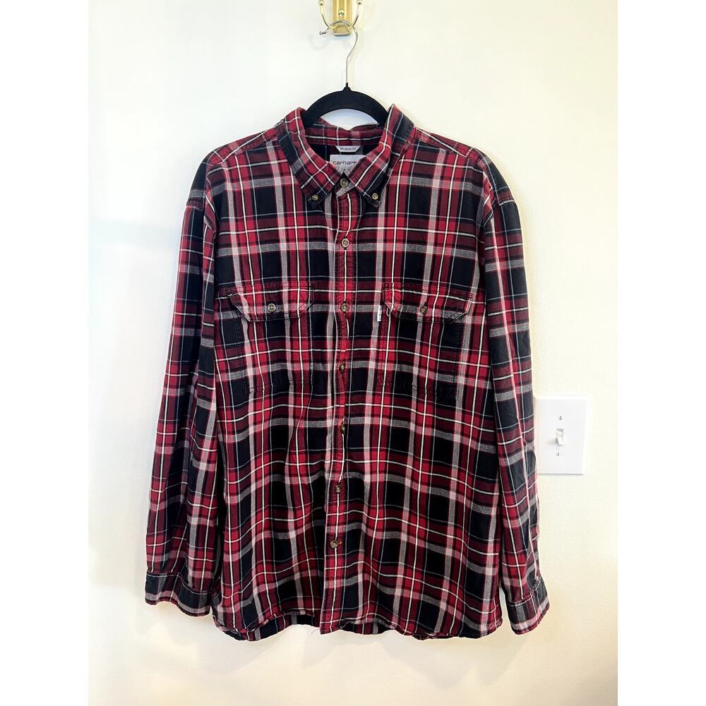 Carhartt Relaxed Fit Plaid Flannel Shirt Mens XL Red Black Button Front Workwear